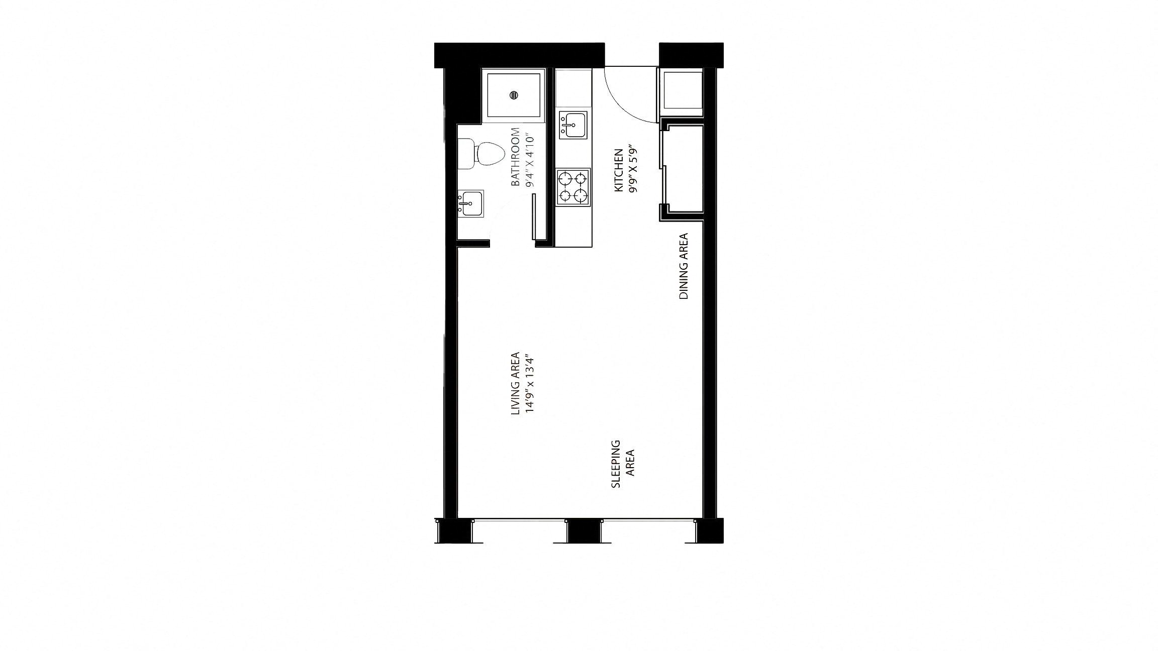Floor plan for studio, 1 bath, 532 sqft